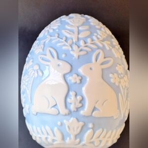 Ceramic Easter Egg Decor Blue White Shabby Chic Farmhouse Floral Rabbits
